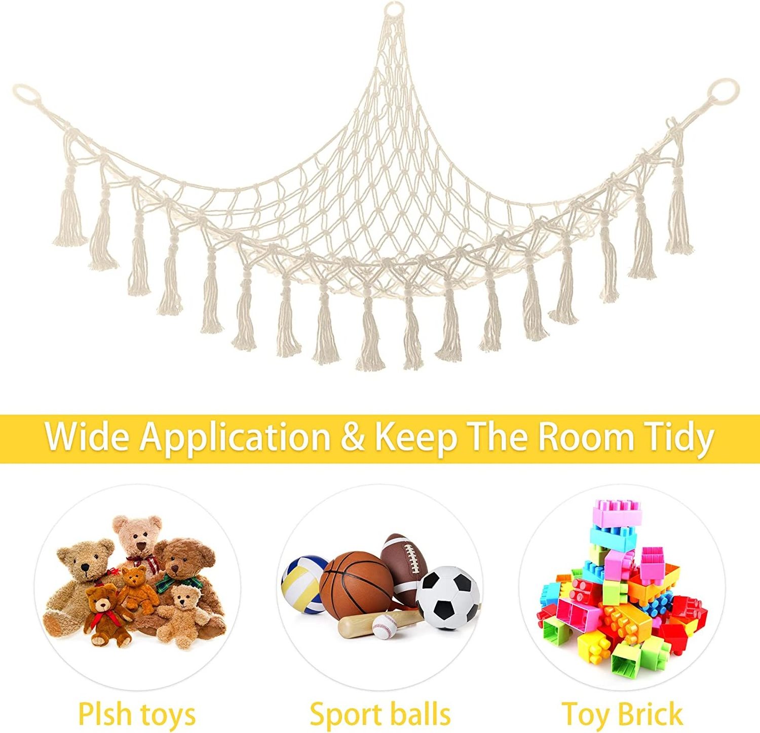 Toy Hammock mesh with tassel plush toy Storage Hammock mesh Bohemian decorative storage mesh suitable for children's bedrooms