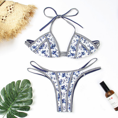 Blue And White Porcelain Printing Bikini Sexy Mature Women Swimsuit