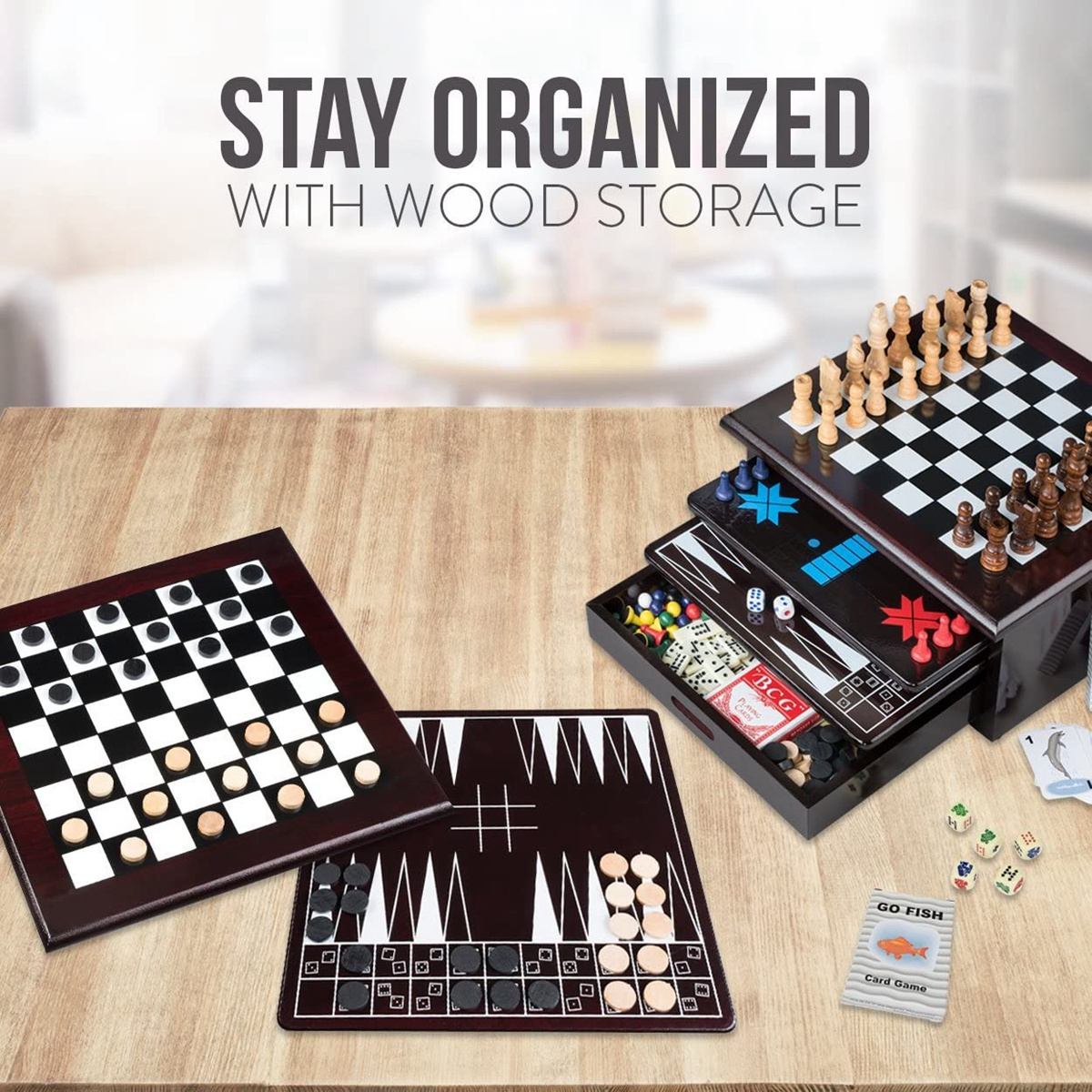 Board Game Set Deluxe 15 in 1 Tabletop Wood-accented Game Center with Storage Drawer Checkers Chess ludo