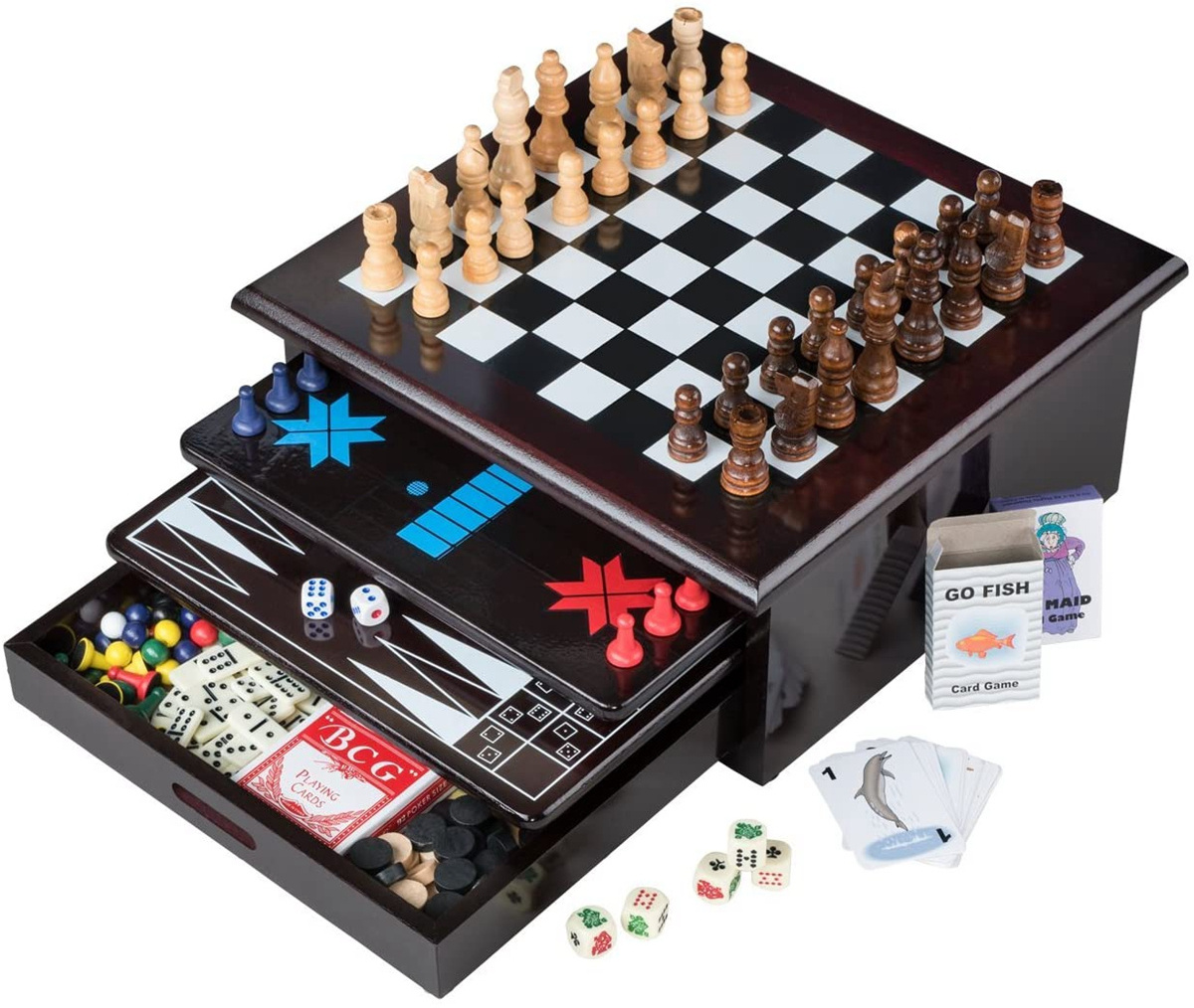 Board Game Set Deluxe 15 in 1 Tabletop Wood-accented Game Center with Storage Drawer Checkers Chess ludo