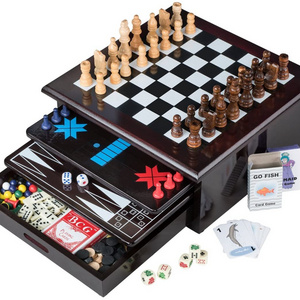 Board Game Set Deluxe 15 in 1 Tabletop Wood-accented Game Center with Storage Drawer Checkers Chess ludo