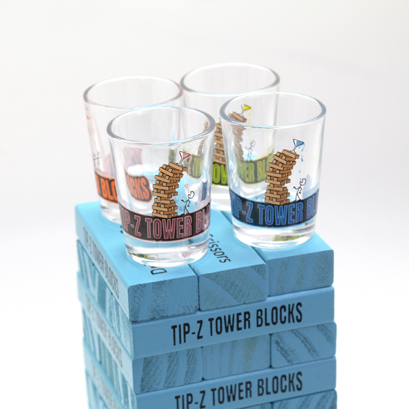 Tower Drinking Game Adult Party Game Set with 54 Stacking Wooden Blocks 4  Glasses