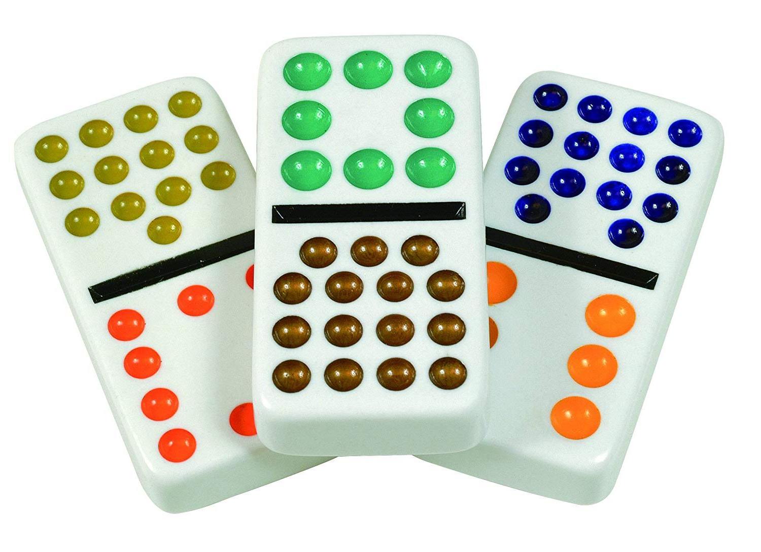 High quality indoor entertainment board games tin box packaging  double 15 colored dots mexican train domino