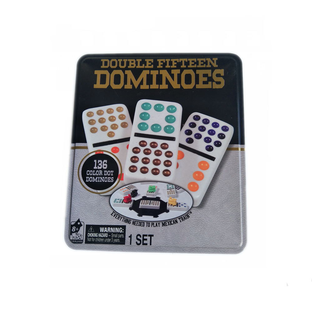 High quality indoor entertainment board games tin box packaging  double 15 colored dots mexican train domino