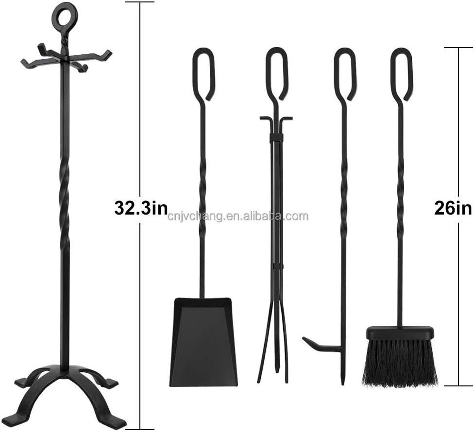 High Quality Black Cast Iron Fireplace Tool Set 5 Pieces Firewood Tongs Shovel Brush Poker Kit Accessories