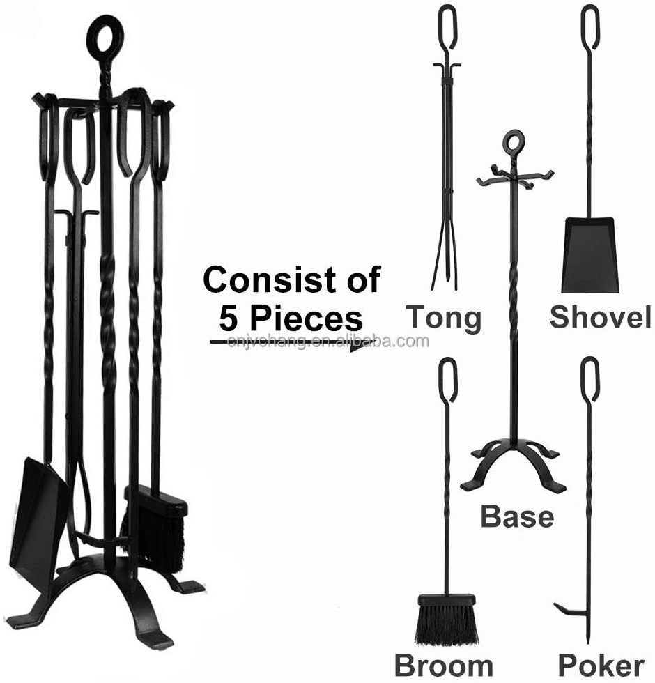 High Quality Black Cast Iron Fireplace Tool Set 5 Pieces Firewood Tongs Shovel Brush Poker Kit Accessories