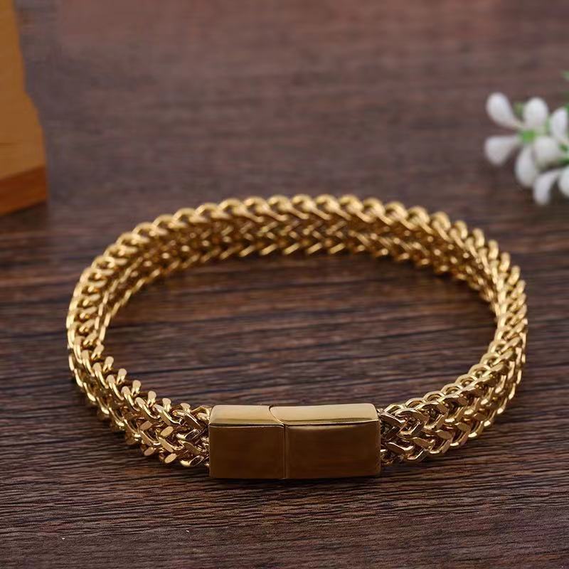 Custom Logo Double Row Franco Link Stainless Steel Men Waterproof 18k Gold BALI  FOXTAIL Chain Bangle Bracelets