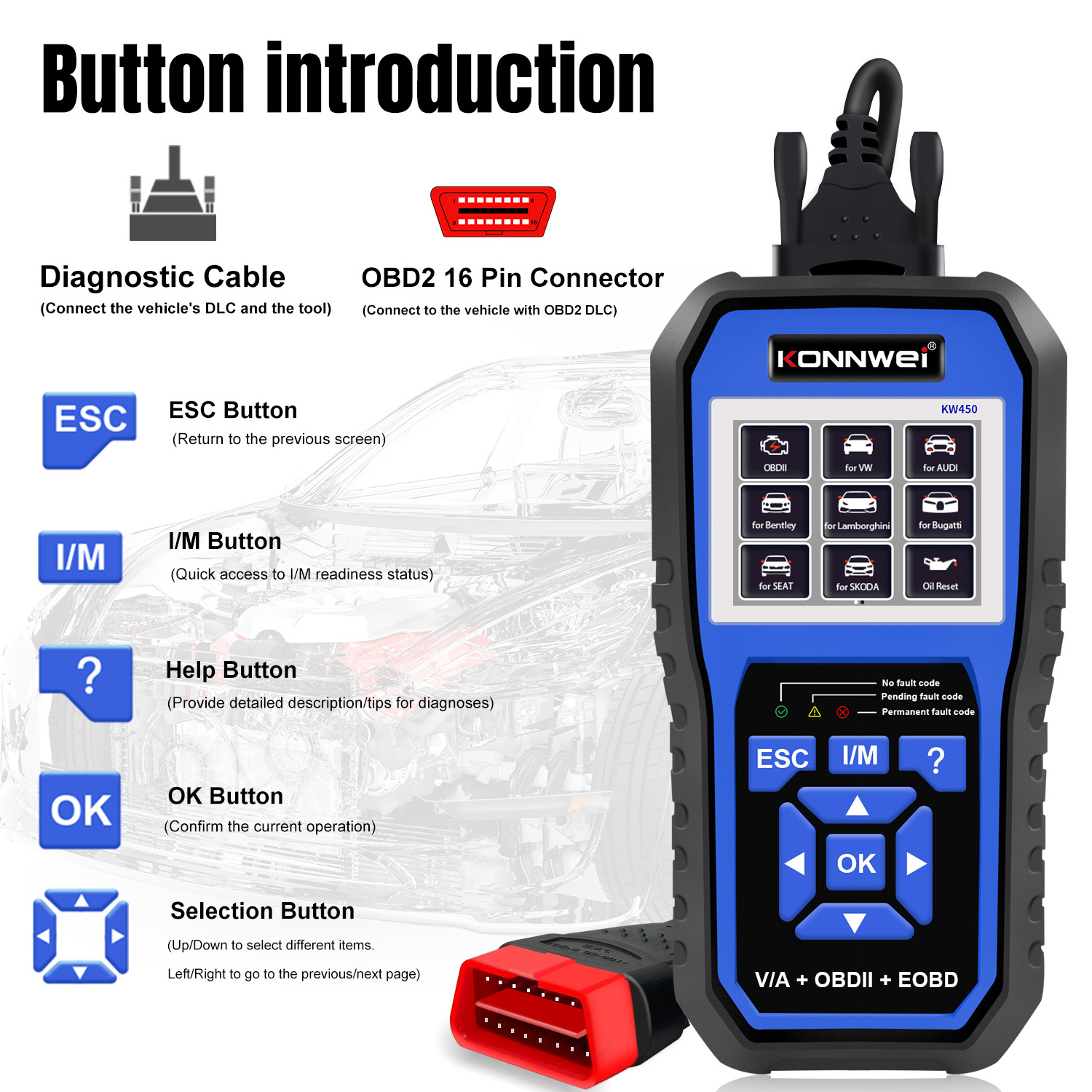 KW450 Special OBDII Diagnostic Scanner KONNWEI Full System Diagnosis Scanner for VW AUDI Bentley Lamborghini Bugatti Seat Skoda