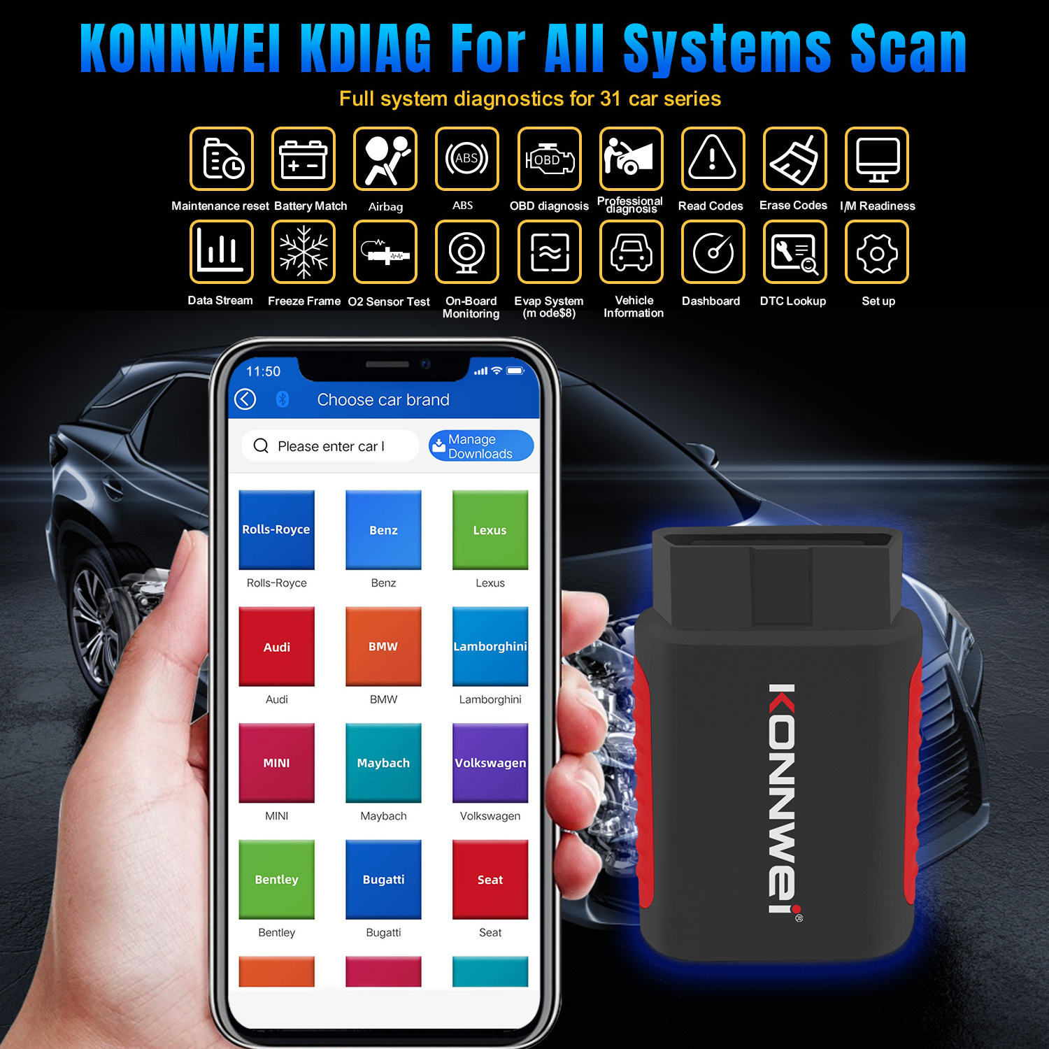 Universal vehicle diagnostic tools Konnwei  Kdiag Car OBD scanner full system scanner for multiple car brands abs srs oil reset