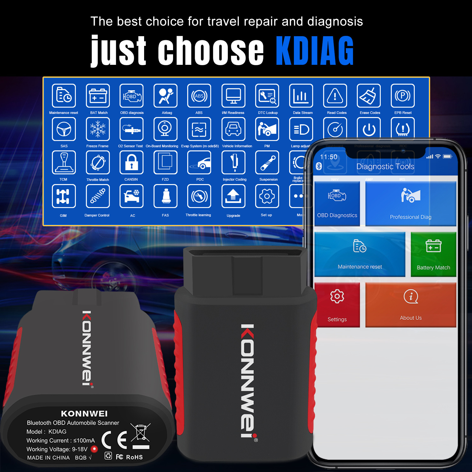 Universal vehicle diagnostic tools Konnwei  Kdiag Car OBD scanner full system scanner for multiple car brands abs srs oil reset