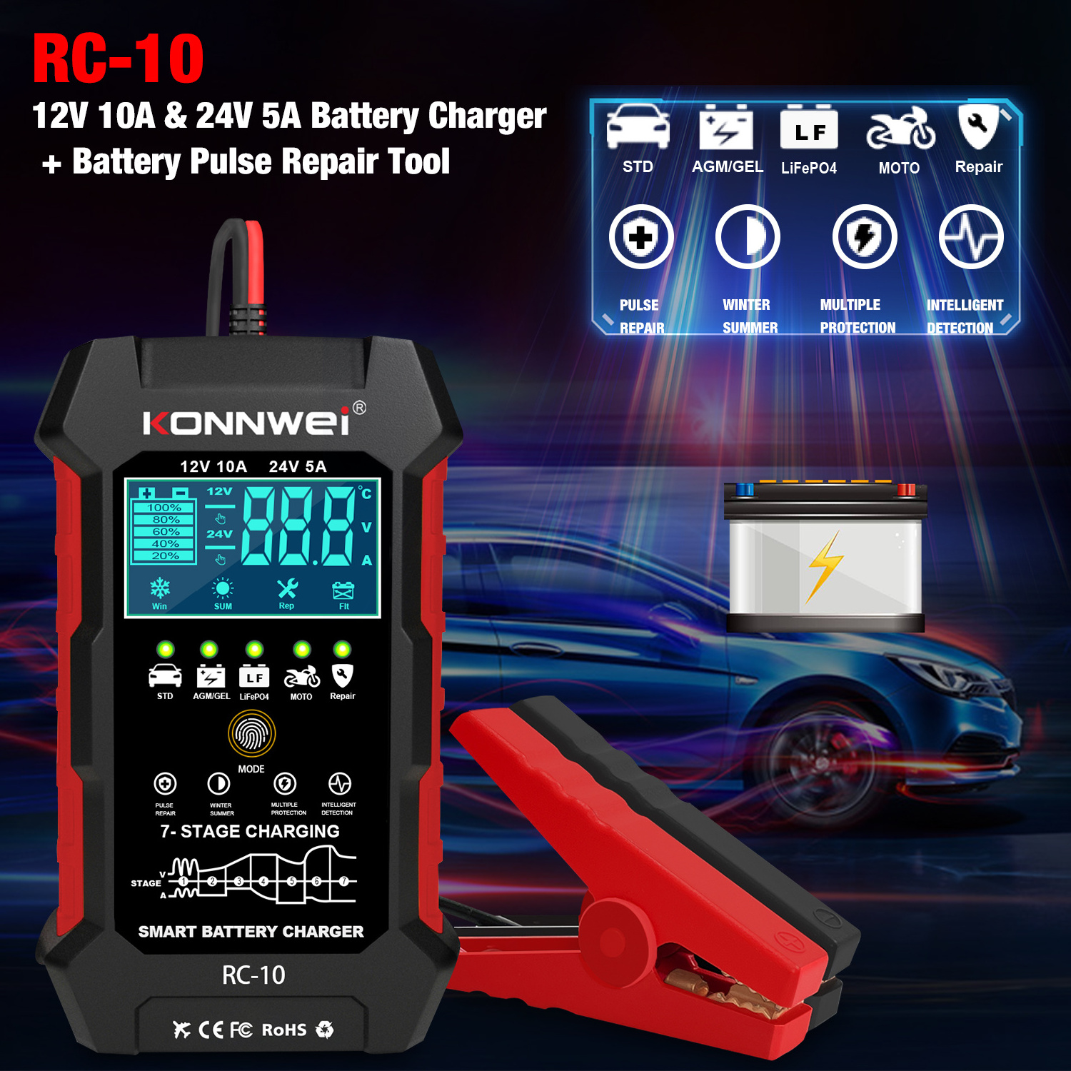 10-Amp Car Battery Charger 12V 24V Smart Fully Automatic Battery Maintainer Trickle Charger KONNWEI RC-10