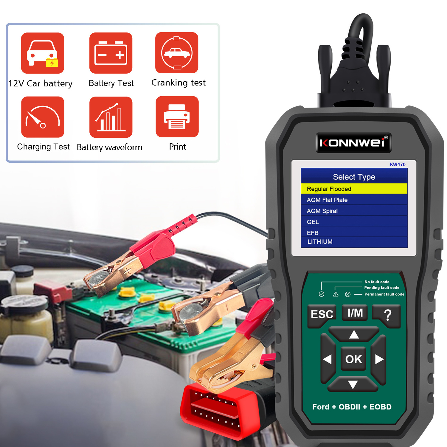 Full System Escaner Automotriz for Ford + 12V car battery tester + OBD2 engine analyzer KW470