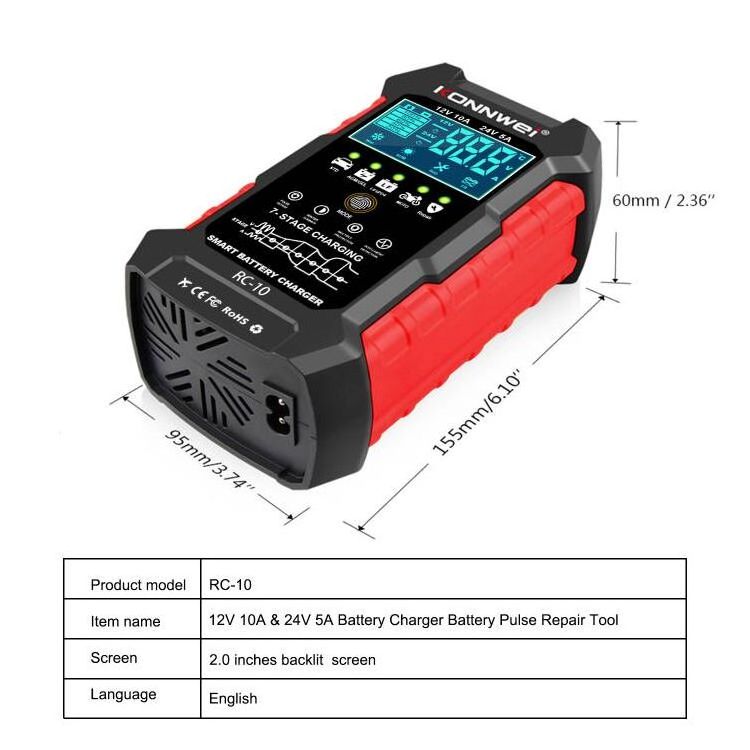 10-Amp Car Battery Charger 12V 24V Smart Fully Automatic Battery Maintainer Trickle Charger KONNWEI RC-10