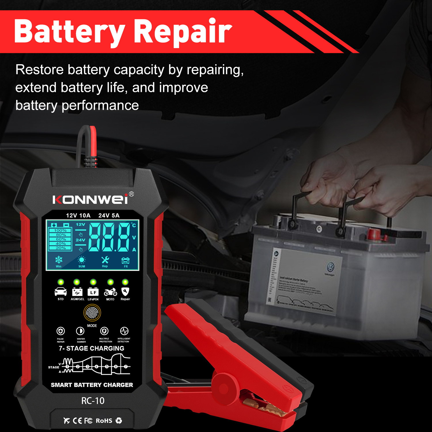 10-Amp Car Battery Charger 12V 24V Smart Fully Automatic Battery Maintainer Trickle Charger KONNWEI RC-10