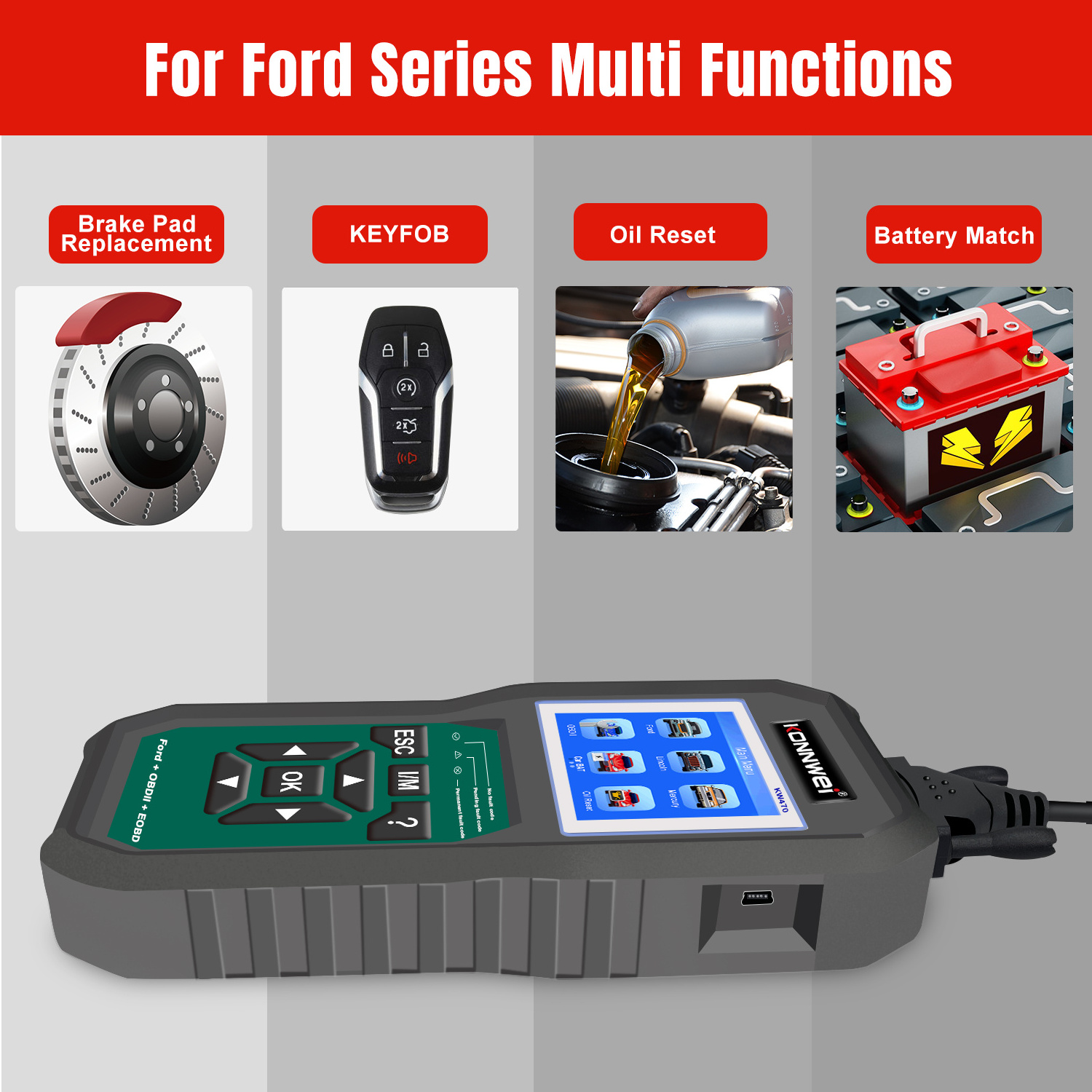 Full System Escaner Automotriz for Ford + 12V car battery tester + OBD2 engine analyzer KW470