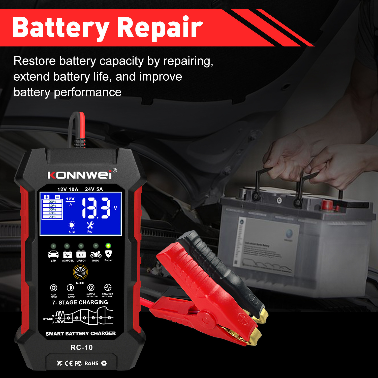 Smart Digital 12V10A 24V5A car motorcycle battery charger for Lifepo4 lead Acid batteries