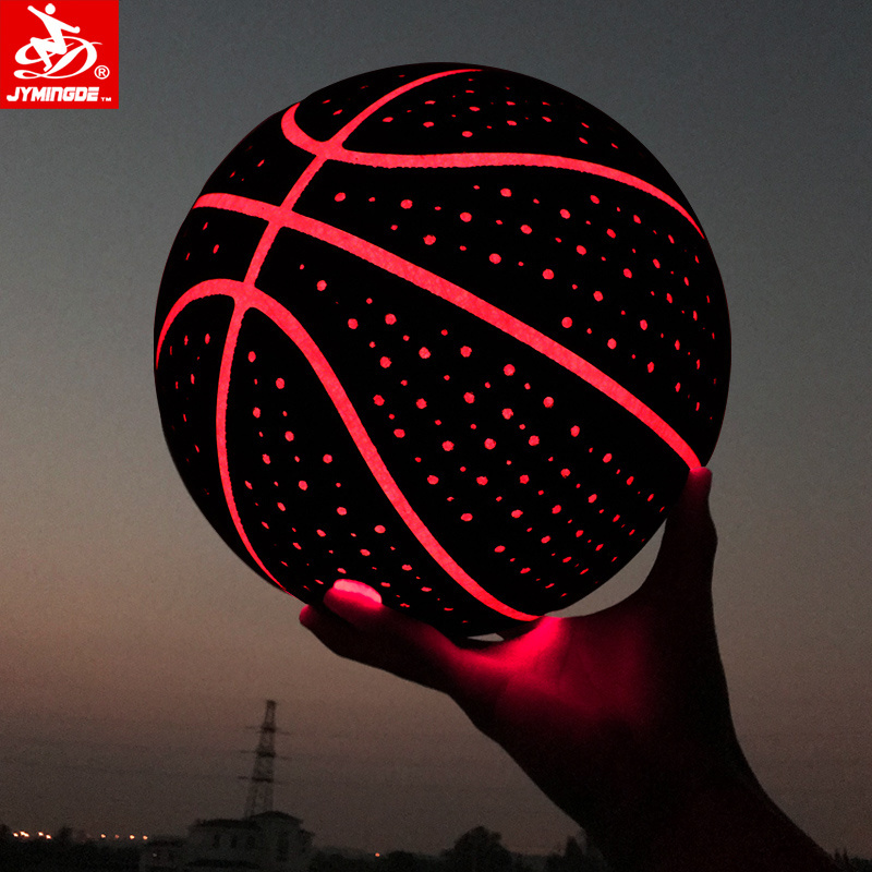 LED glow in the dark custom logo laminated  PU leather black light up  glowing basketball ball