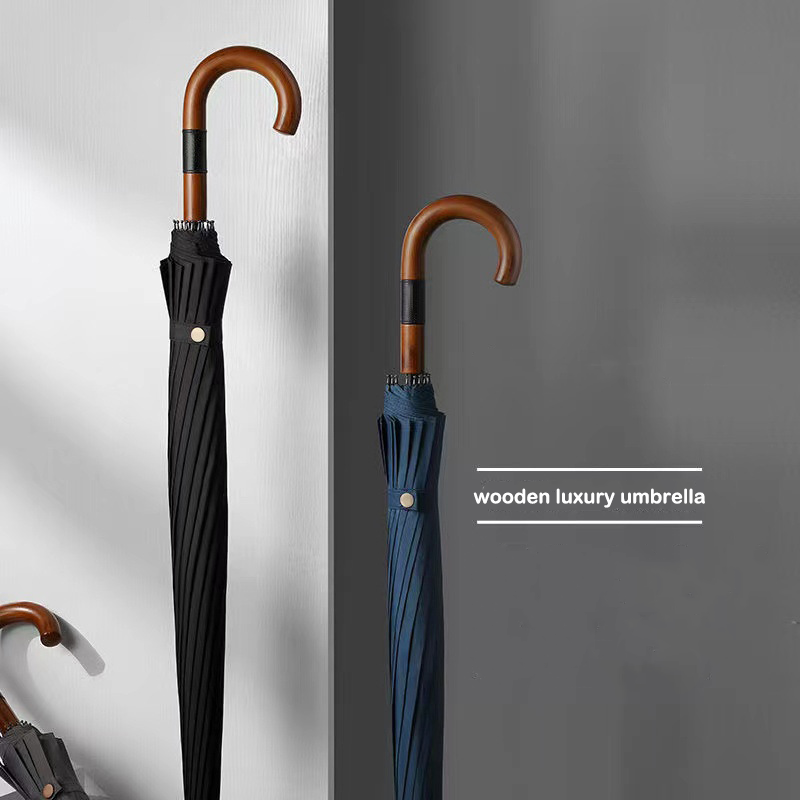 Kaan Wholesale hotel  Large Windproof Auto Open Classic Wooden J shape Handle Stick Rain luxury umbrella 16 ribs