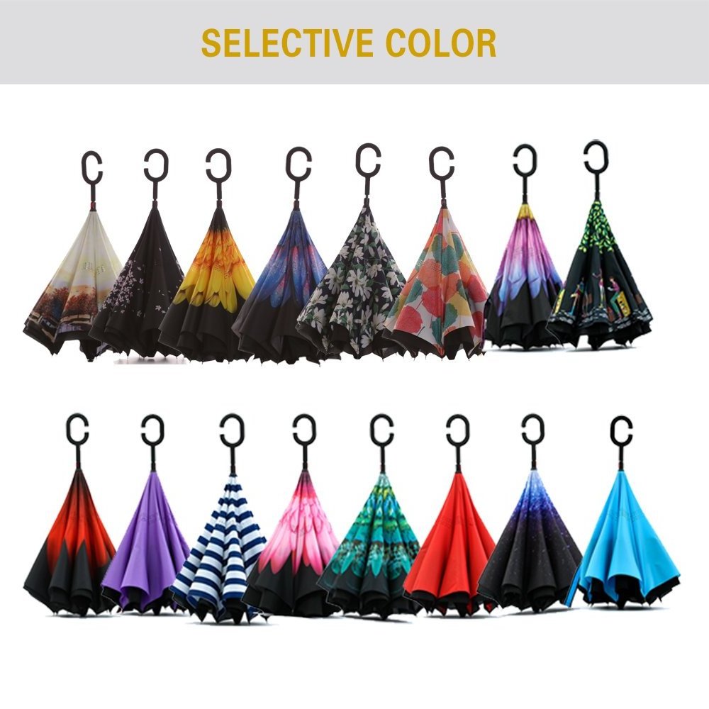 Custom  logo prints  Double Layer Windproof C Shape Handle  Hands Free Upside Down Reverse Umbrella Reverse Umbrella