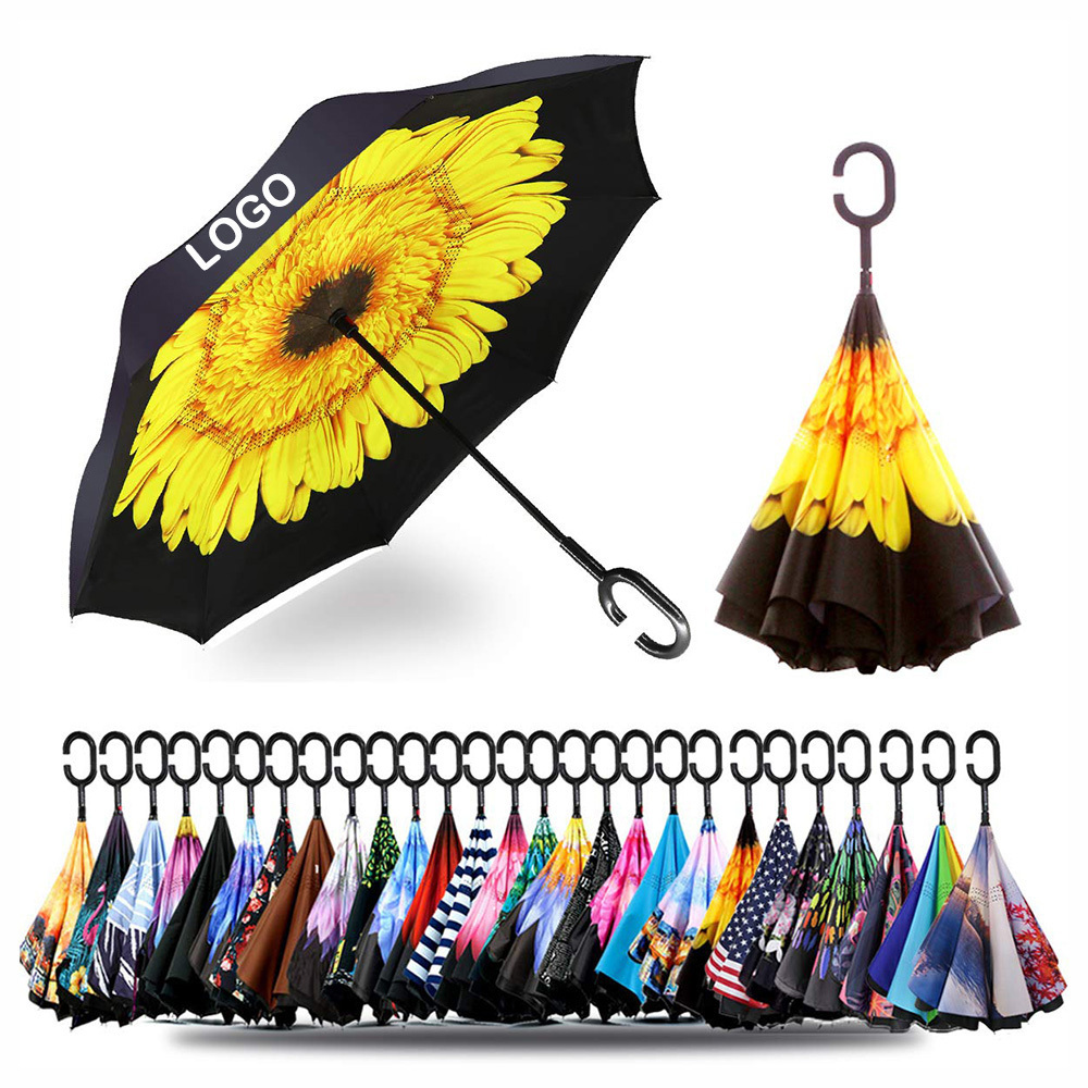 Custom  logo prints  Double Layer Windproof C Shape Handle  Hands Free Upside Down Reverse Umbrella Reverse Umbrella