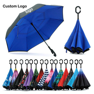 Windproof Inverted Reverse Umbrella UV Protection Large C-Shaped Handle Double Layer Stick Rain Umbrella for Men and Women