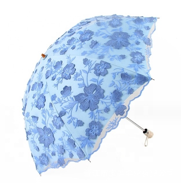 Amazon vintage lace sun umbrella folding 3D flower embroidered lady umbrella fancy umbrella