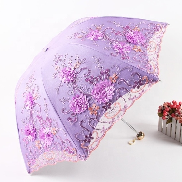 Amazon vintage lace sun umbrella folding 3D flower embroidered lady umbrella fancy ladies fashion parasol umbrella