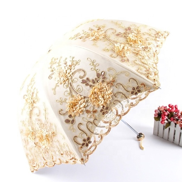 Amazon vintage lace sun umbrella folding 3D flower embroidered lady umbrella fancy ladies fashion parasol umbrella