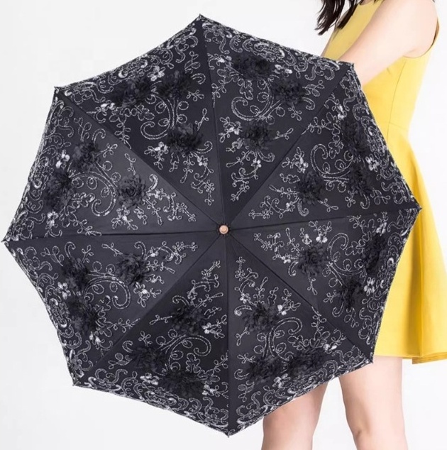 Amazon vintage lace sun umbrella folding 3D flower embroidered lady umbrella fancy ladies fashion parasol umbrella