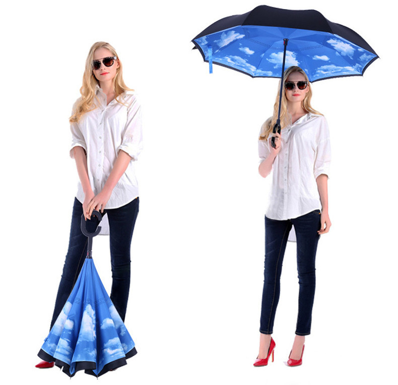 Windproof Double Layer Inverted Design C-Handle Self-Standing Rain Protection Innovative Reverse Umbrella for Easy Carry