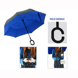 Windproof Double Layer Inverted Design C-Handle Self-Standing Rain Protection Innovative Reverse Umbrella for Easy Carry