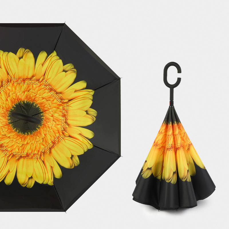 Yellow Flower Double Layer Inverted Umbrellas C Shaped Handle Reverse Folding Windproof Umbrella for Men and Women