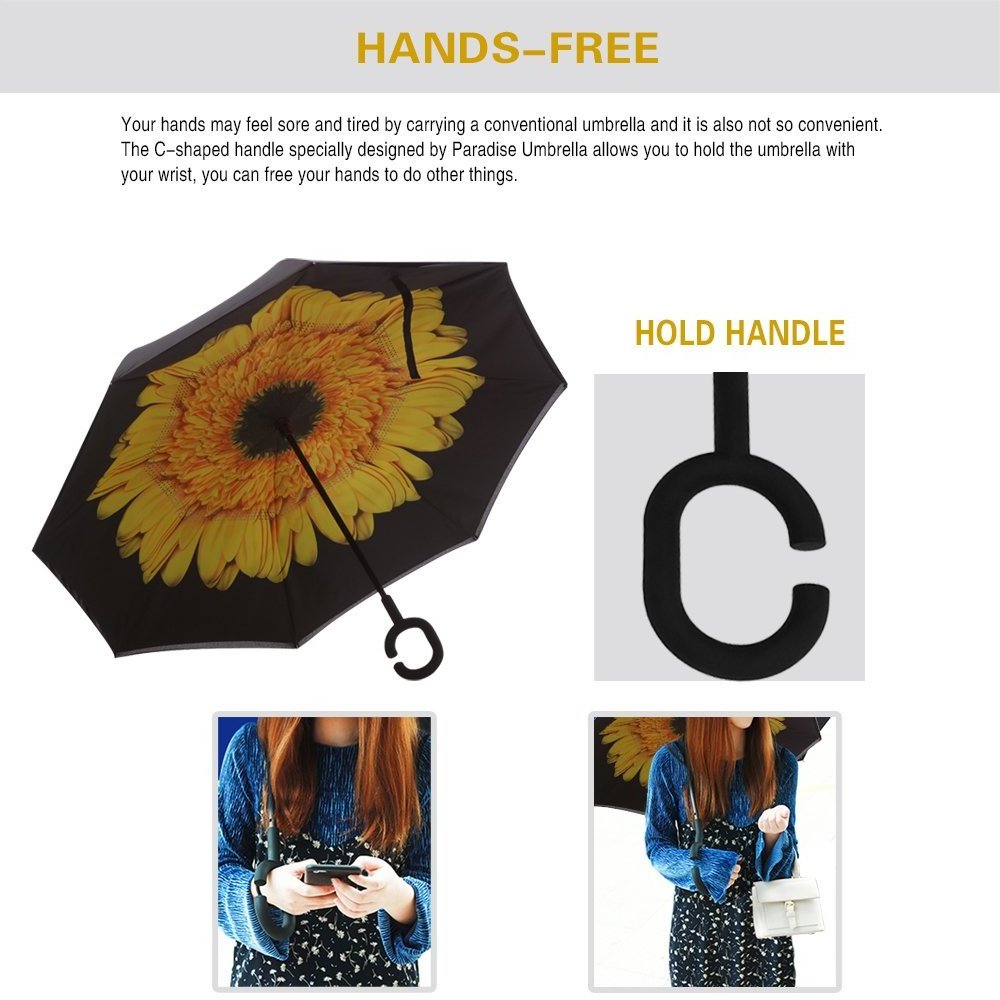 Yellow Flower Double Layer Inverted Umbrellas C Shaped Handle Reverse Folding Windproof Umbrella for Men and Women