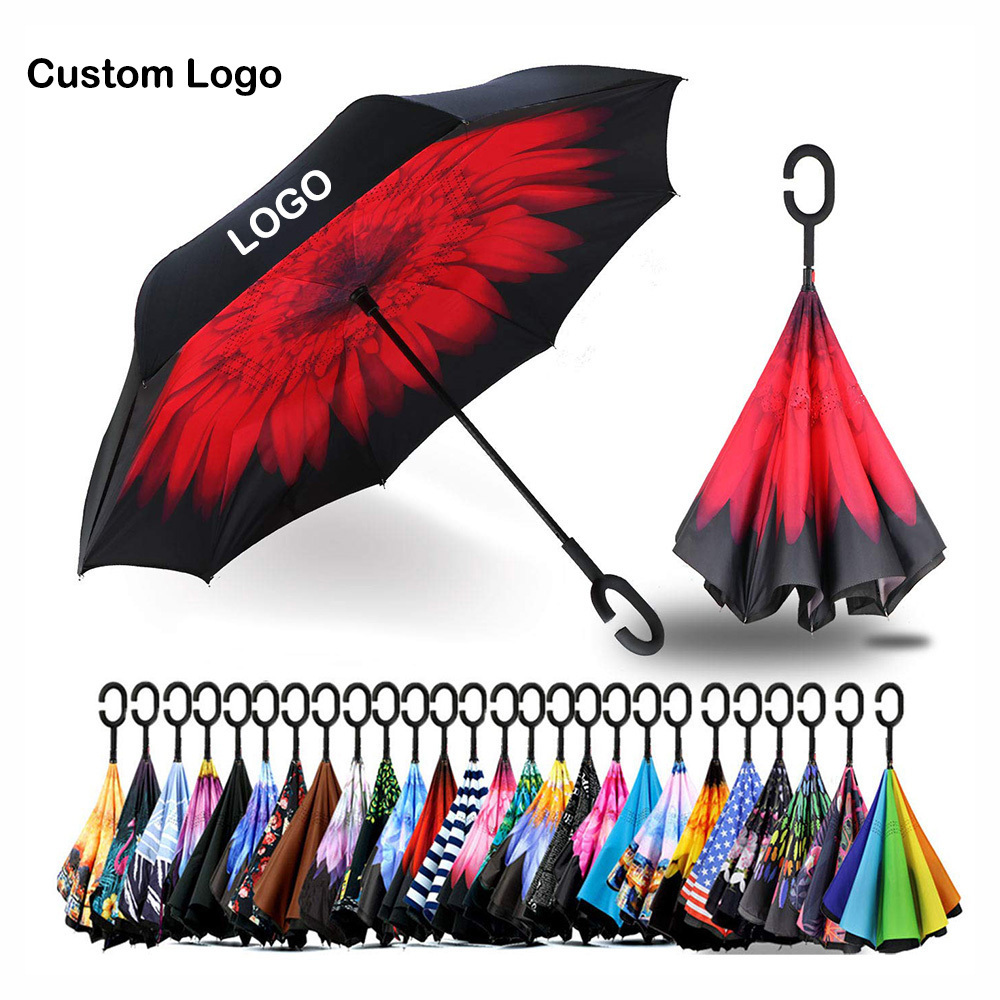 Luxury Fashion Gift Automatic Uv Protective Reverse Inverted Inside Out Car Advertising Sun Rain Umbrella With Logo