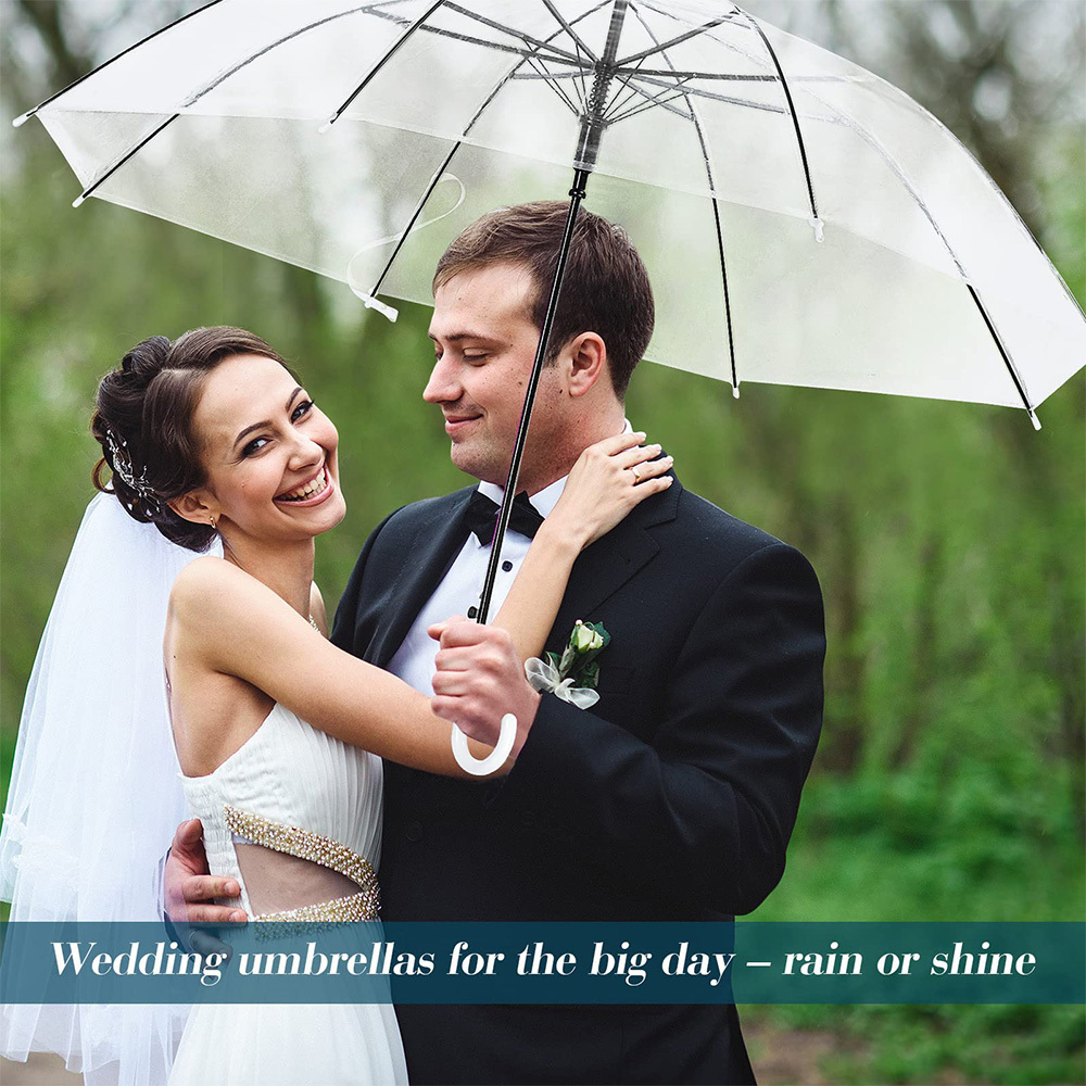 Wholesale Custom logo Windproof Auto Open J Hook Handle Canopy Stick wedding Crystal Transparent Rain Umbrellas