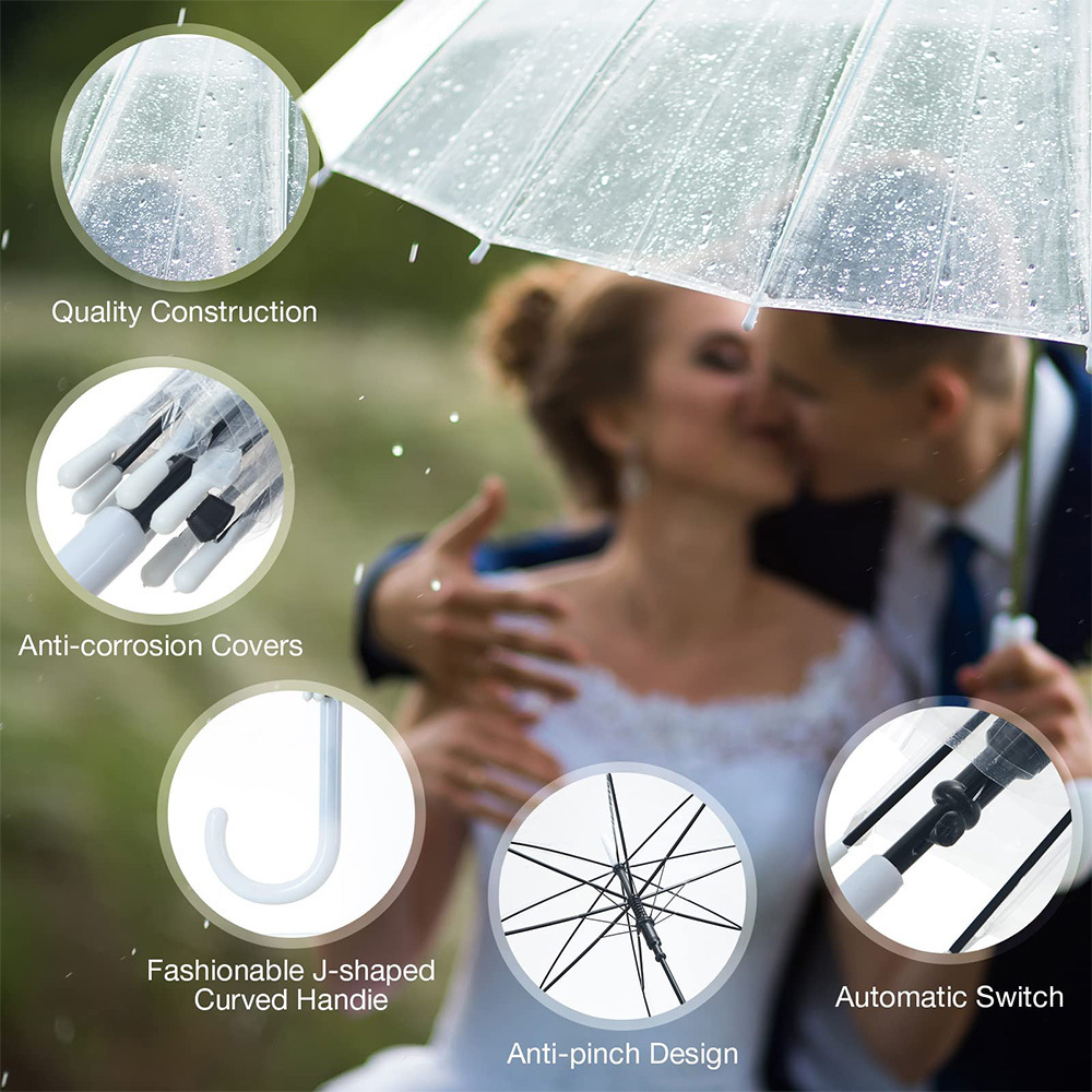 Wholesale Custom logo Windproof Auto Open J Hook Handle Canopy Stick wedding Crystal Transparent Rain Umbrellas