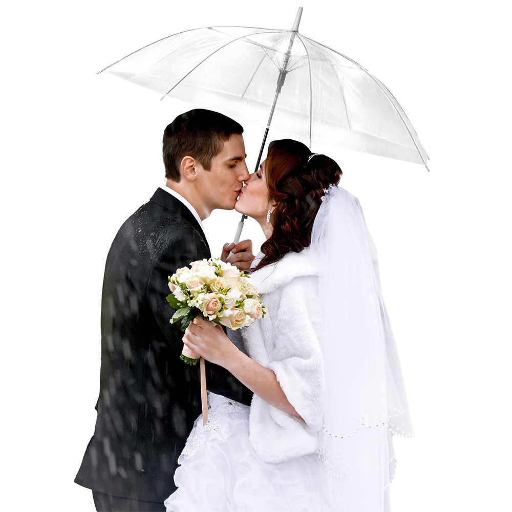 Wholesale Custom logo Windproof Auto Open J Hook Handle Canopy Stick wedding Crystal Transparent Rain Umbrellas