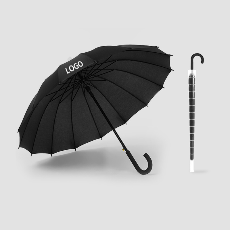 customized logo print 16k golf umbrella J shape handle waterproof long telescopic rain straight umbrella with plastic cover