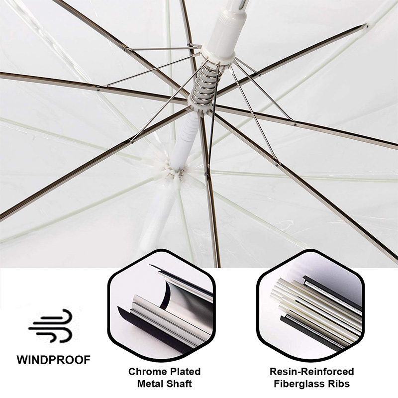 Wholesale Straight Umbrella Custom Logo Auto Open Long J Hook Handle  POE Rain Clear Transparent Umbrella for  Adults Kids