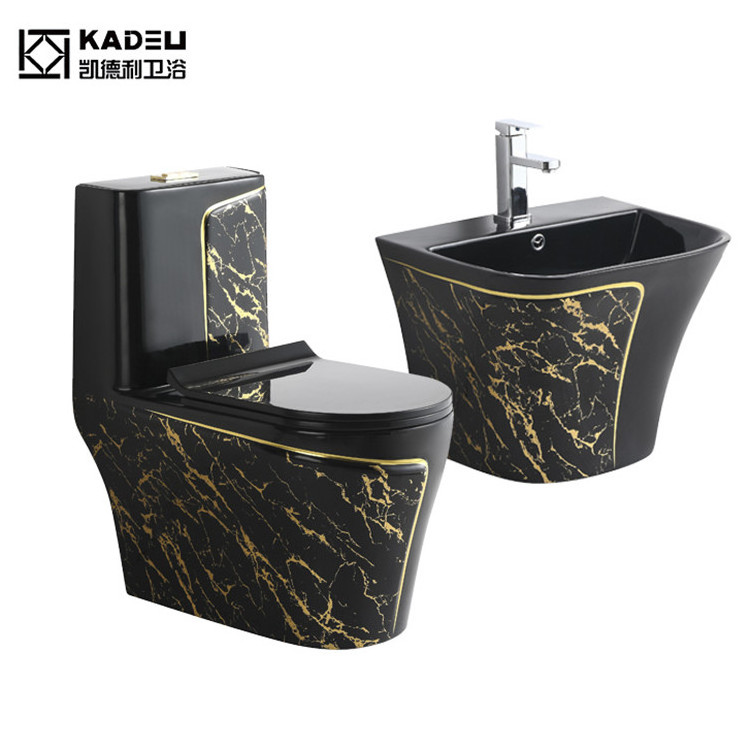 New Bathroom Toilet Set Sanitary Ware WC One Piece Ceramic Toilet Bowl And Sink Set Black Gold Line Marble Ceramic Color Toilet