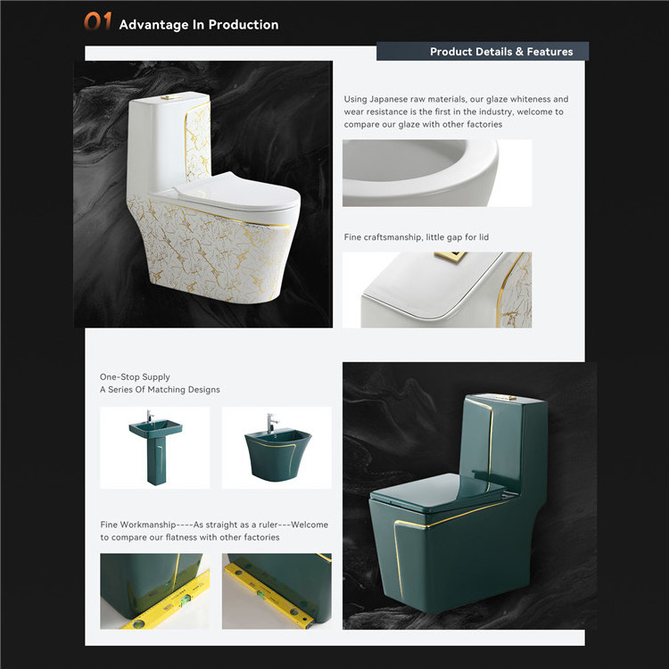 New Bathroom Toilet Set Sanitary Ware WC One Piece Ceramic Toilet Bowl And Sink Set Black Gold Line Marble Ceramic Color Toilet