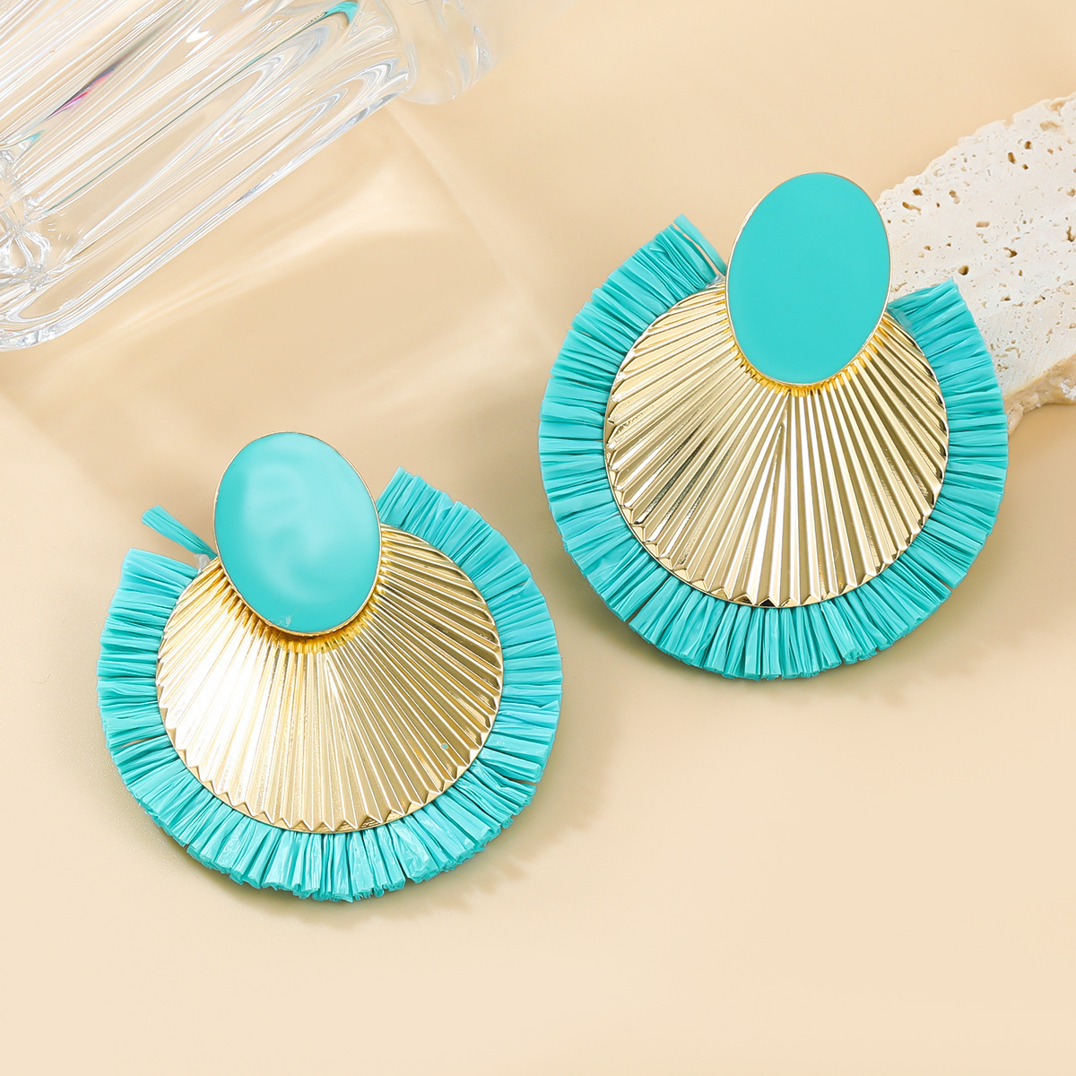 2024 New Arrival Fashion Jewelry Lafite Grass Earrings Women's Stripe Alloy Round Bohemian Boho Earrings Jewelry Wholesale