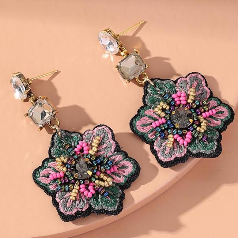 Kaimei 2022 earring fashion jewelry women hand embroidery flower earrings women trendy wholesale handmade bohemian drop earrings