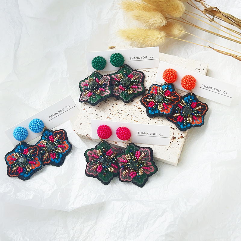 2023 New Arrivals popular embroidery fabric hand woven rice bead earrings women retro flowers fashion Beaded flower Big Earrings