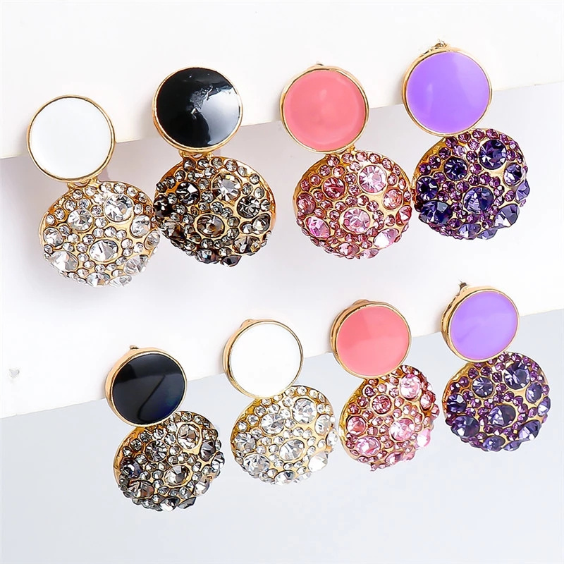 Kaimei Romantic Cute Purple Pink Black Wedding Jewelry White Zircon Stone Earrings Female Luxury Crystal Round Stud Earrings