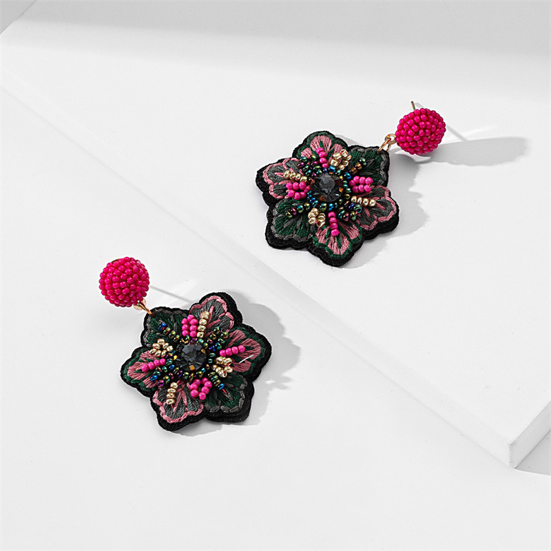 2023 New Arrivals popular embroidery fabric hand woven rice bead earrings women retro flowers fashion Beaded flower Big Earrings