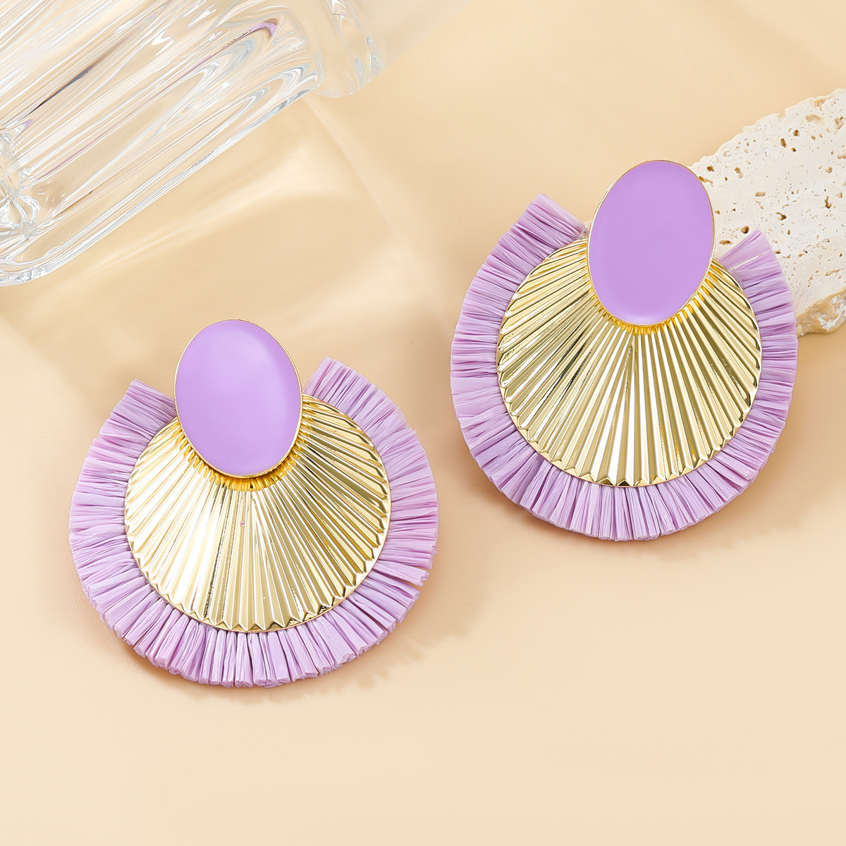 2024 New Arrival Fashion Jewelry Lafite Grass Earrings Women's Stripe Alloy Round Bohemian Boho Earrings Jewelry Wholesale