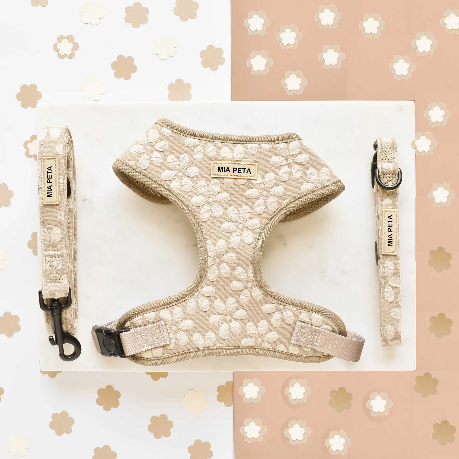 Dog accessories of pet harness set Luxe Mocha Flower Adjustable pet Neck Harness, Lead & Collar Bundle