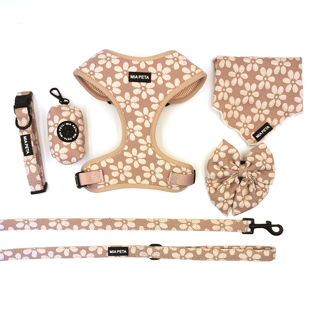 Dog accessories of pet harness set Luxe Mocha Flower Adjustable pet Neck Harness, Lead & Collar Bundle