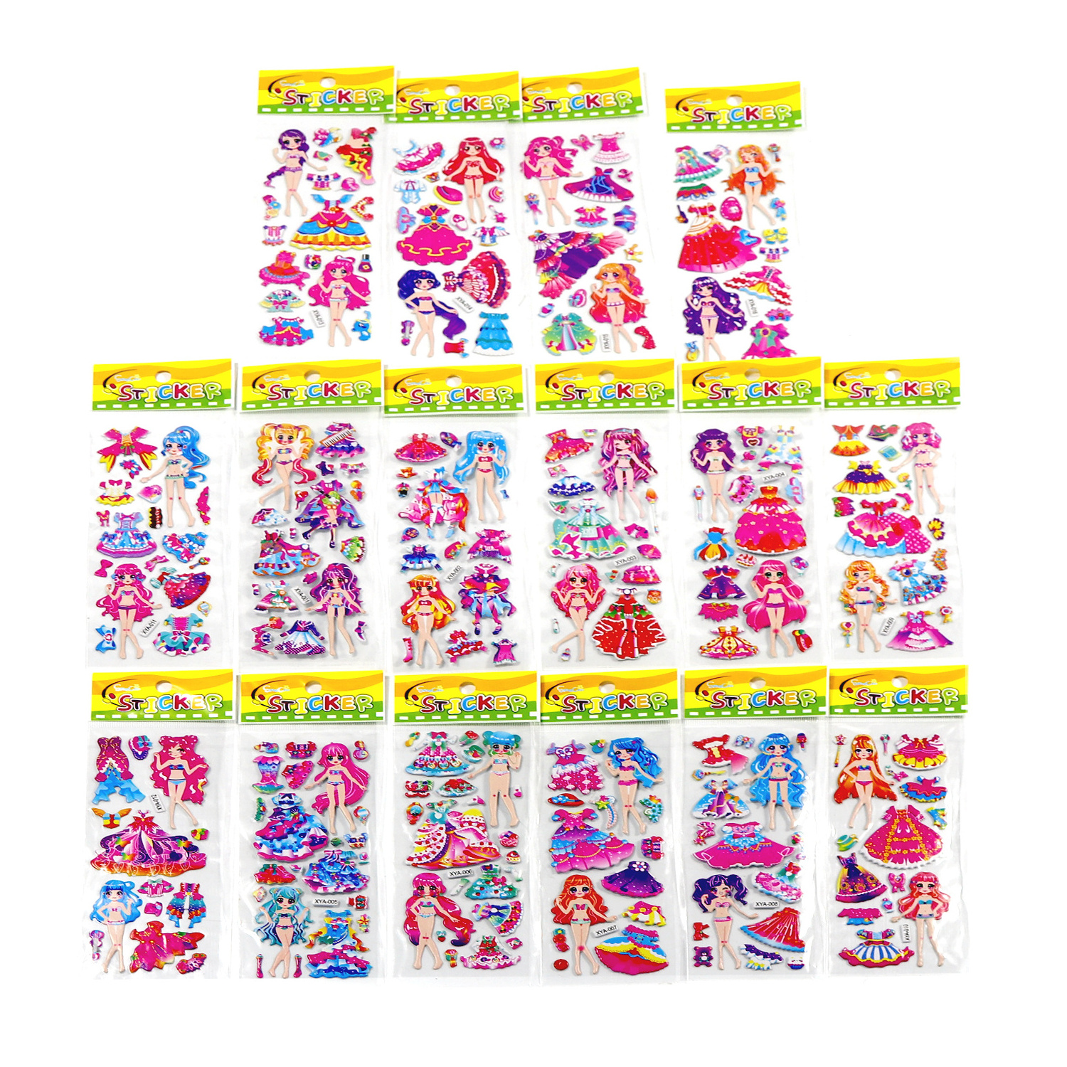 High Quality 3d Puffy Stickers Princess Dress Up Cartoon Girl Stickers Waterproof Decals 3d Sticker Anime